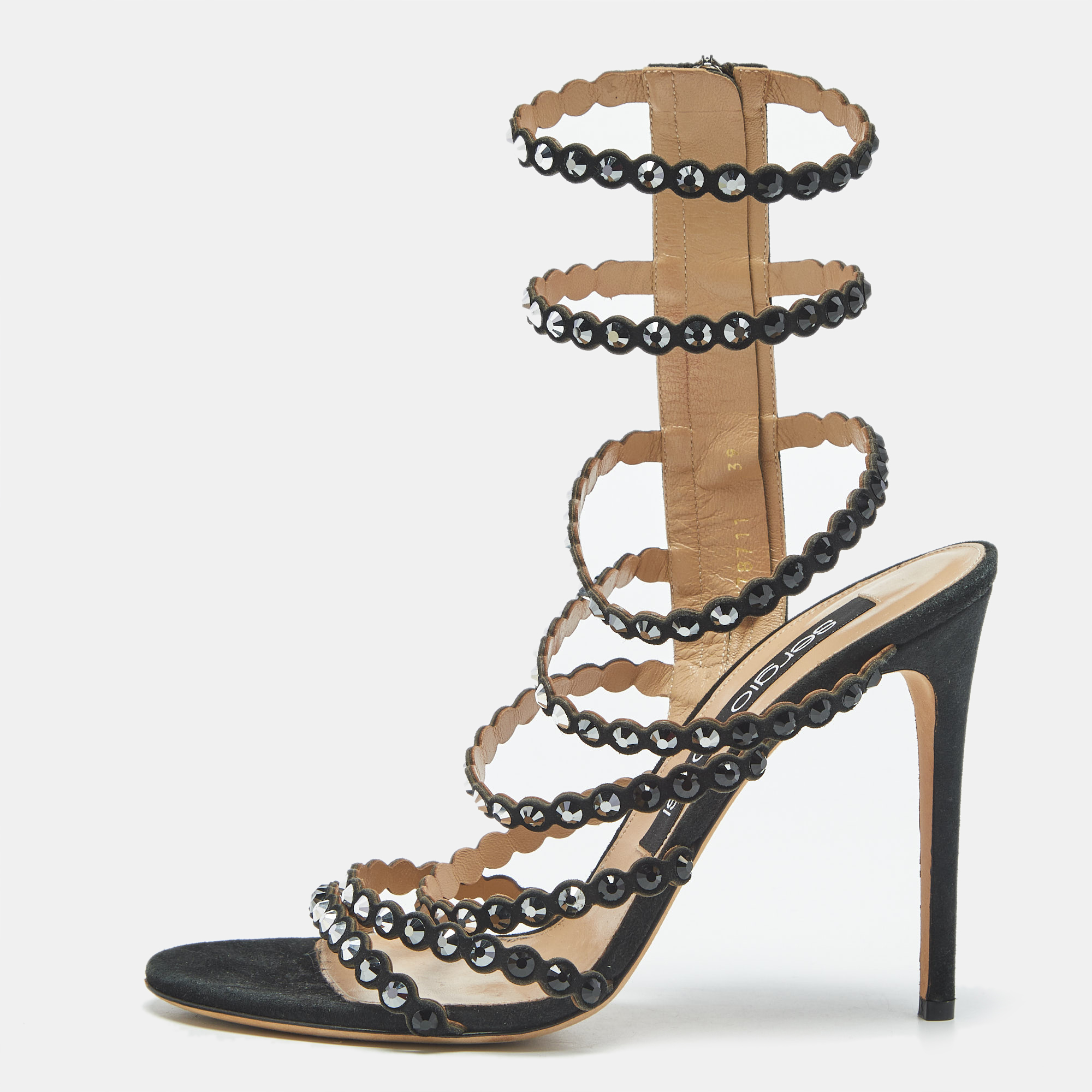 Pre-owned Sergio Rossi Black Suede Crystal Embellished Ankle Strap Sandals Size 39