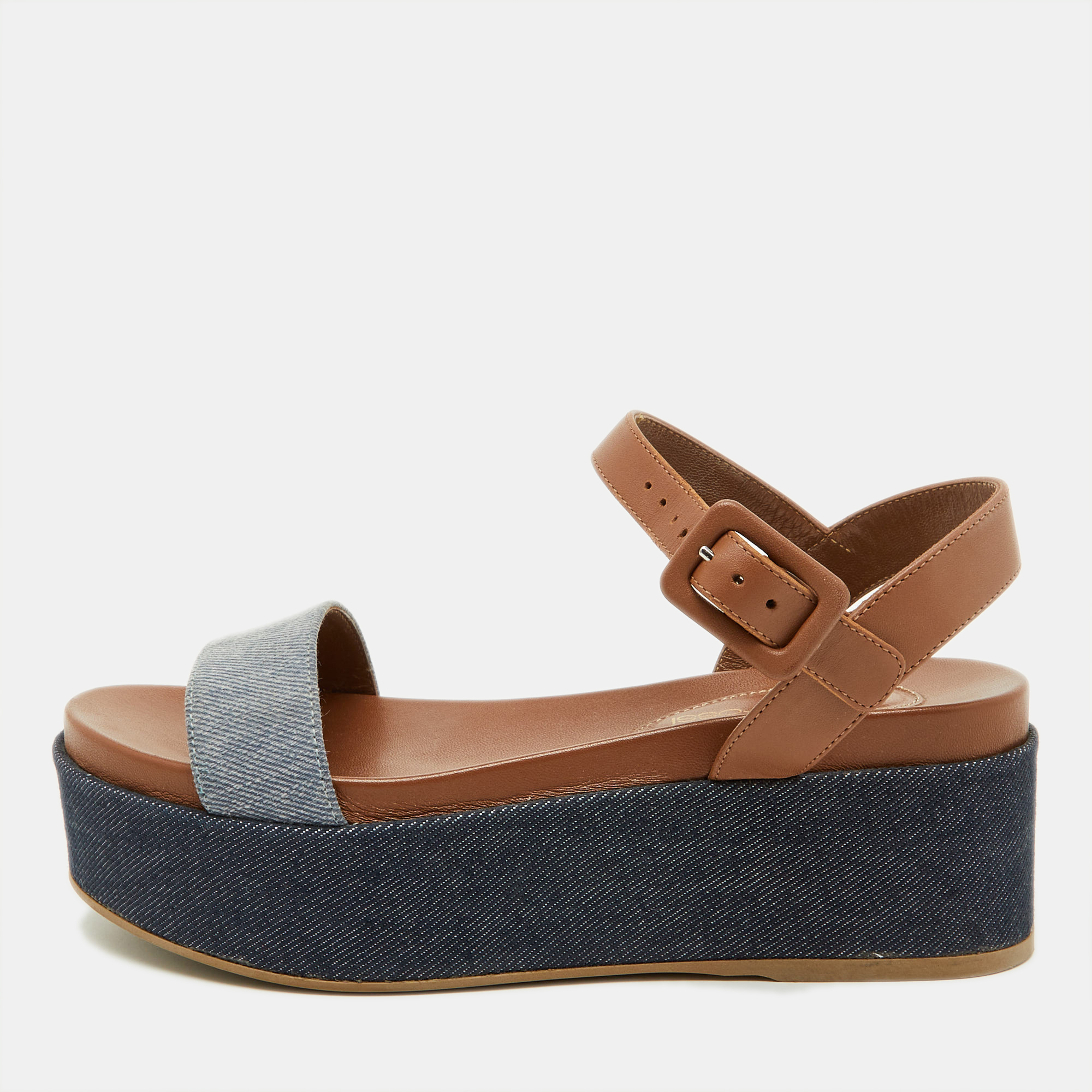 Pre-owned Sergio Rossi Brown/blue Denim And Leather Platform Ankle Strap Sandals Size 35