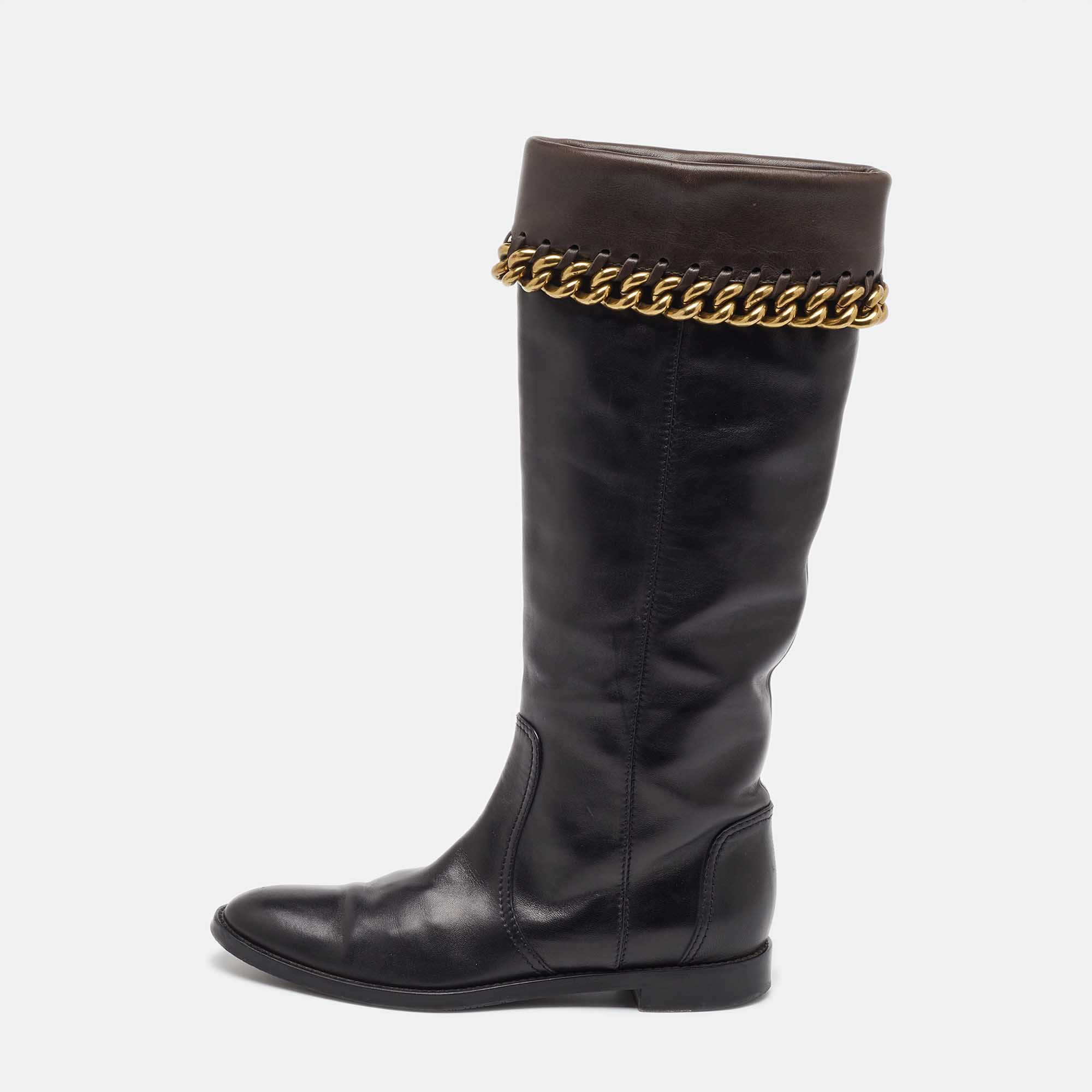 

Sergio Rossi Black/Dark Brown Leather Chain Detail Calf Length Boots Size