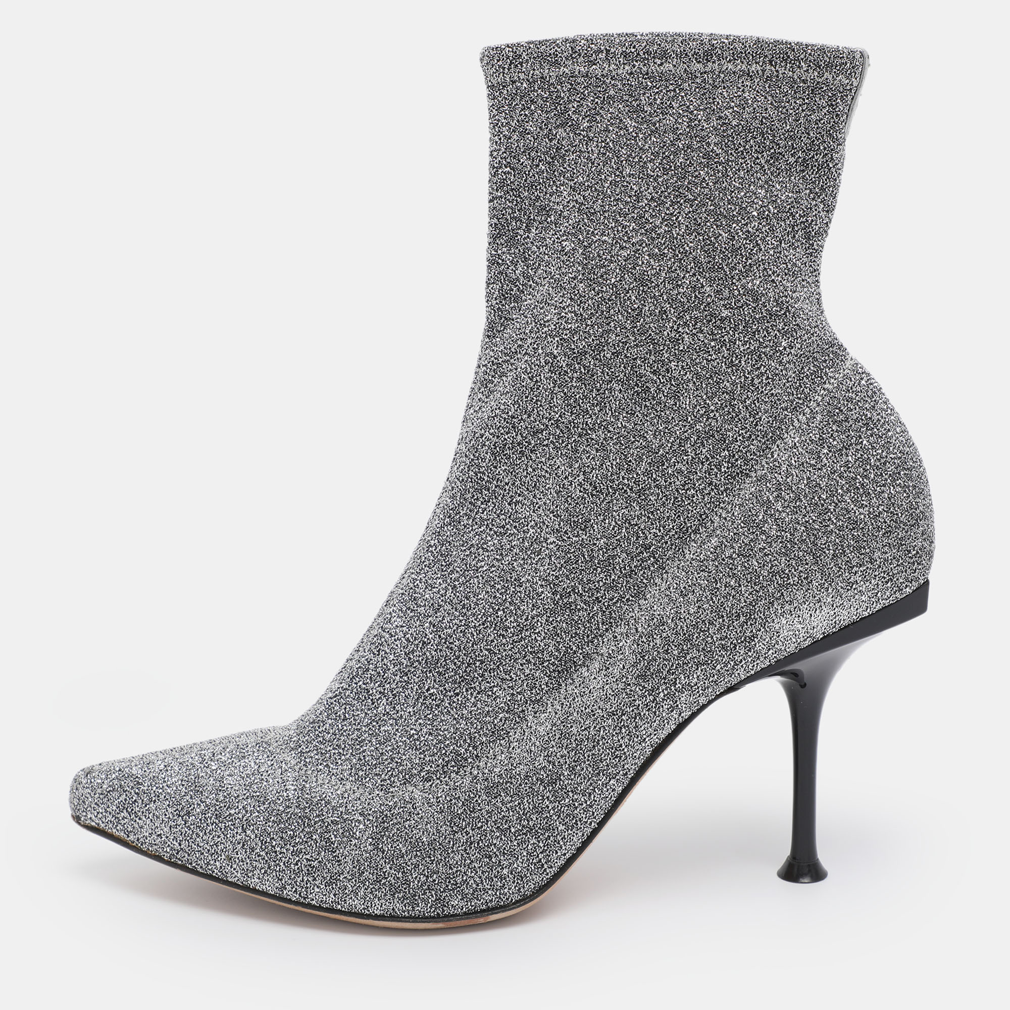 Sergio Rossi Silver Knit Fabric Sock Ankle Boots Size 36.5