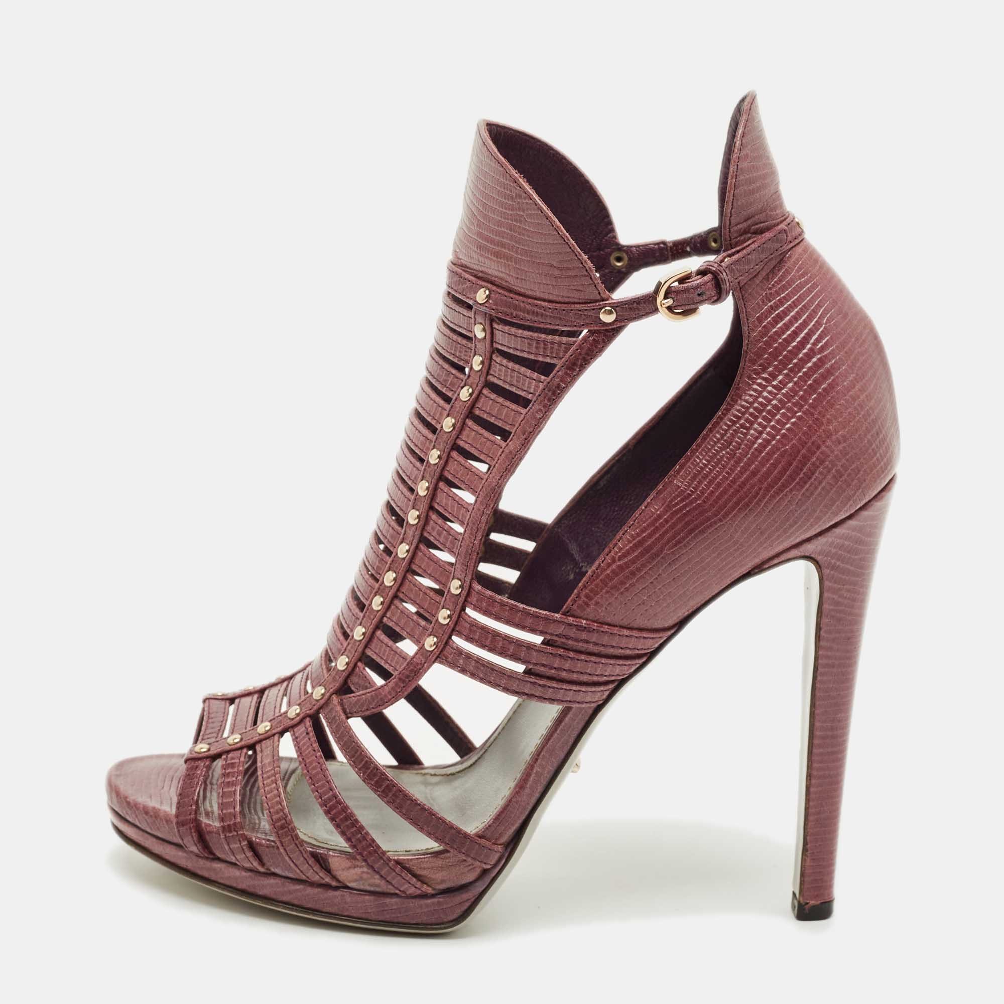 Pre-owned Sergio Rossi Purple Lizard Embossed Leather Gladiator Sandals Size 37