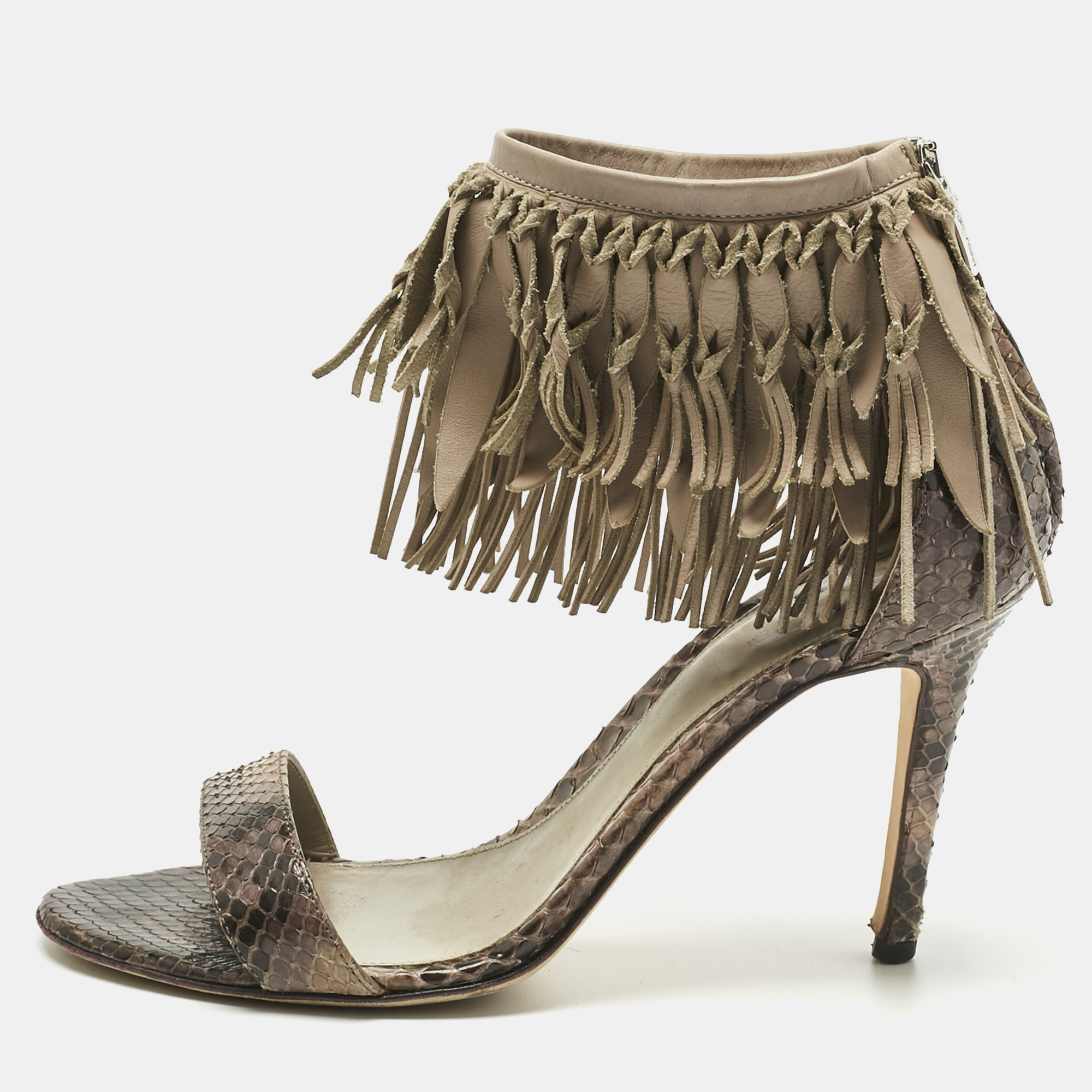 Pre-owned Sergio Rossi Brown Leather And Python Leather Ankle Strap Sandals Size 38