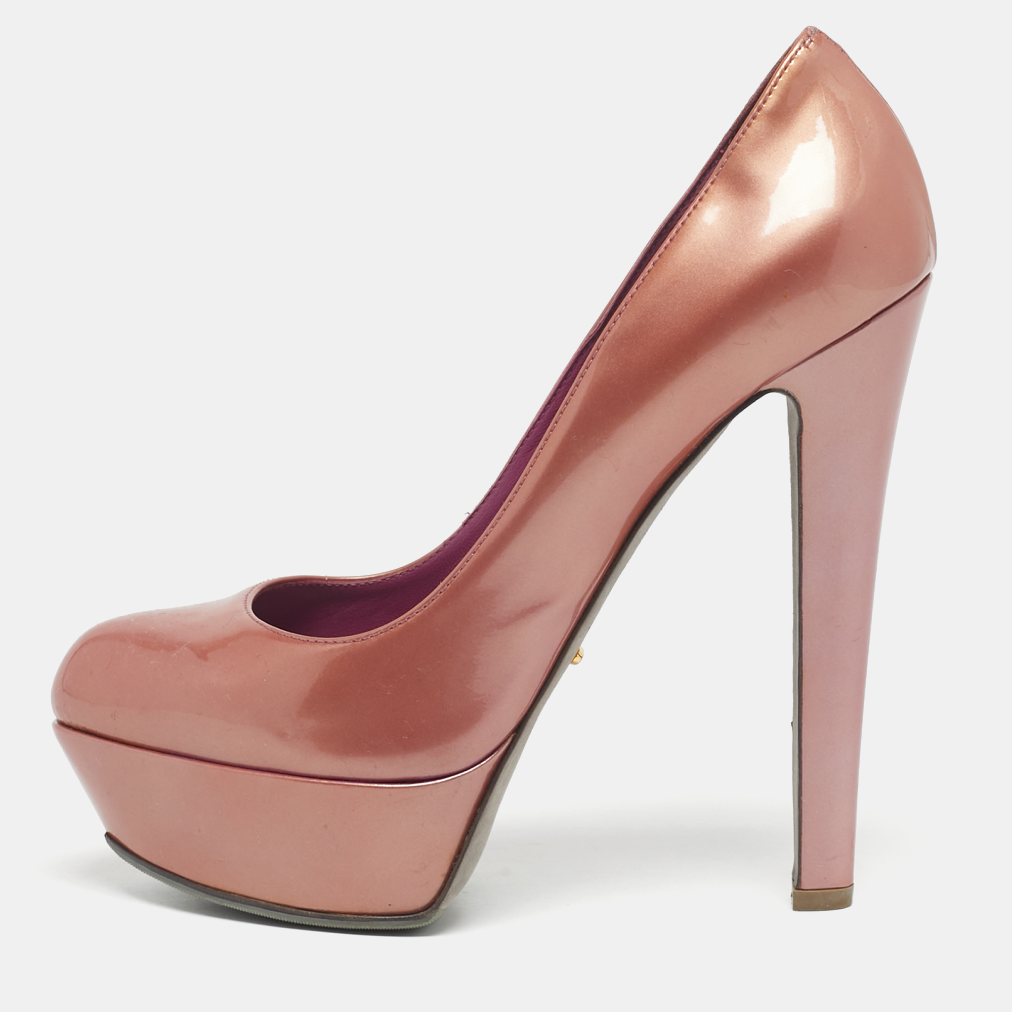 Pre-owned Sergio Rossi Metallic Patent Leather Round Toe Platform Pumps Size 38 In Silver
