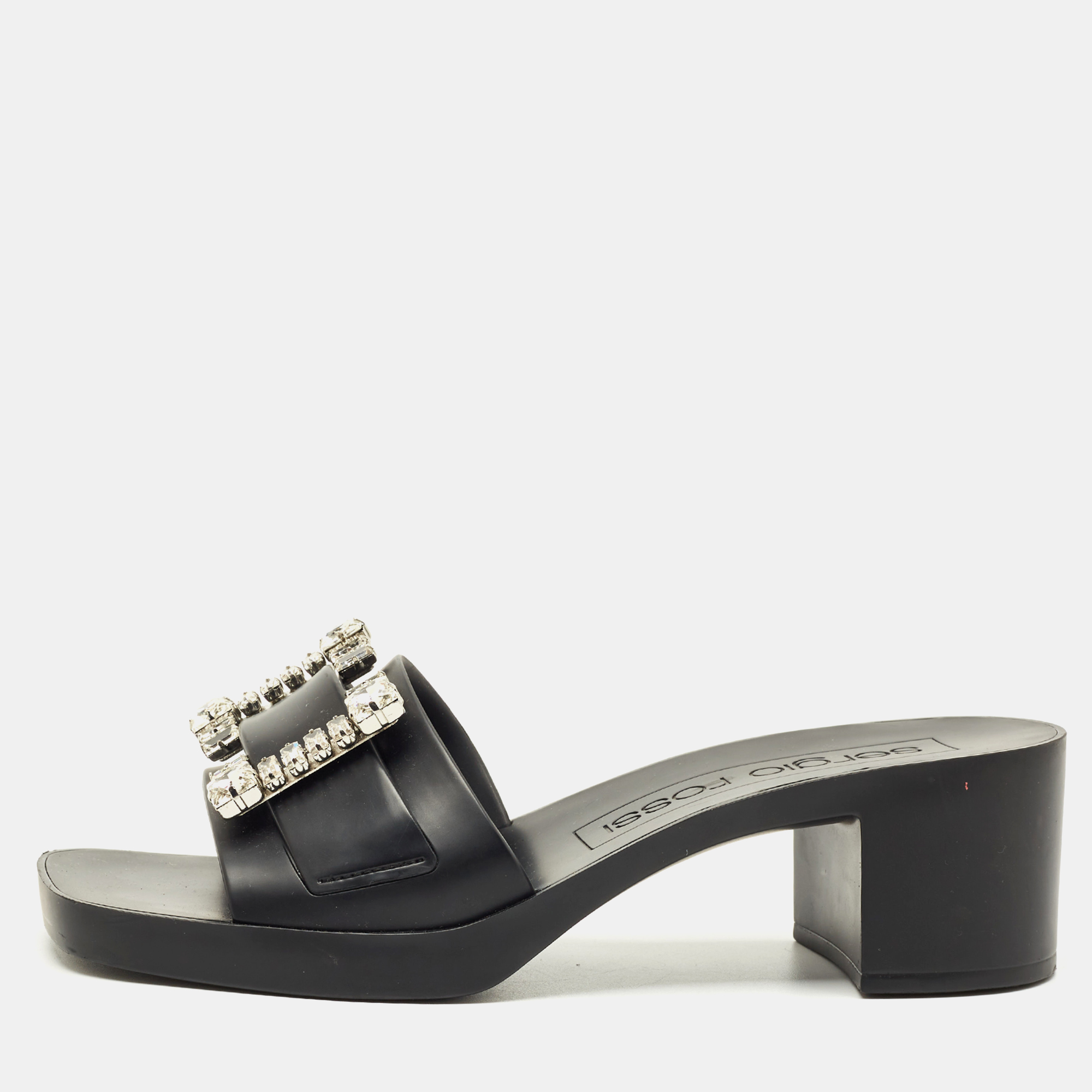 Pre-owned Sergio Rossi Black Rubber Crystal Embellished Block Heel Slides Size 40