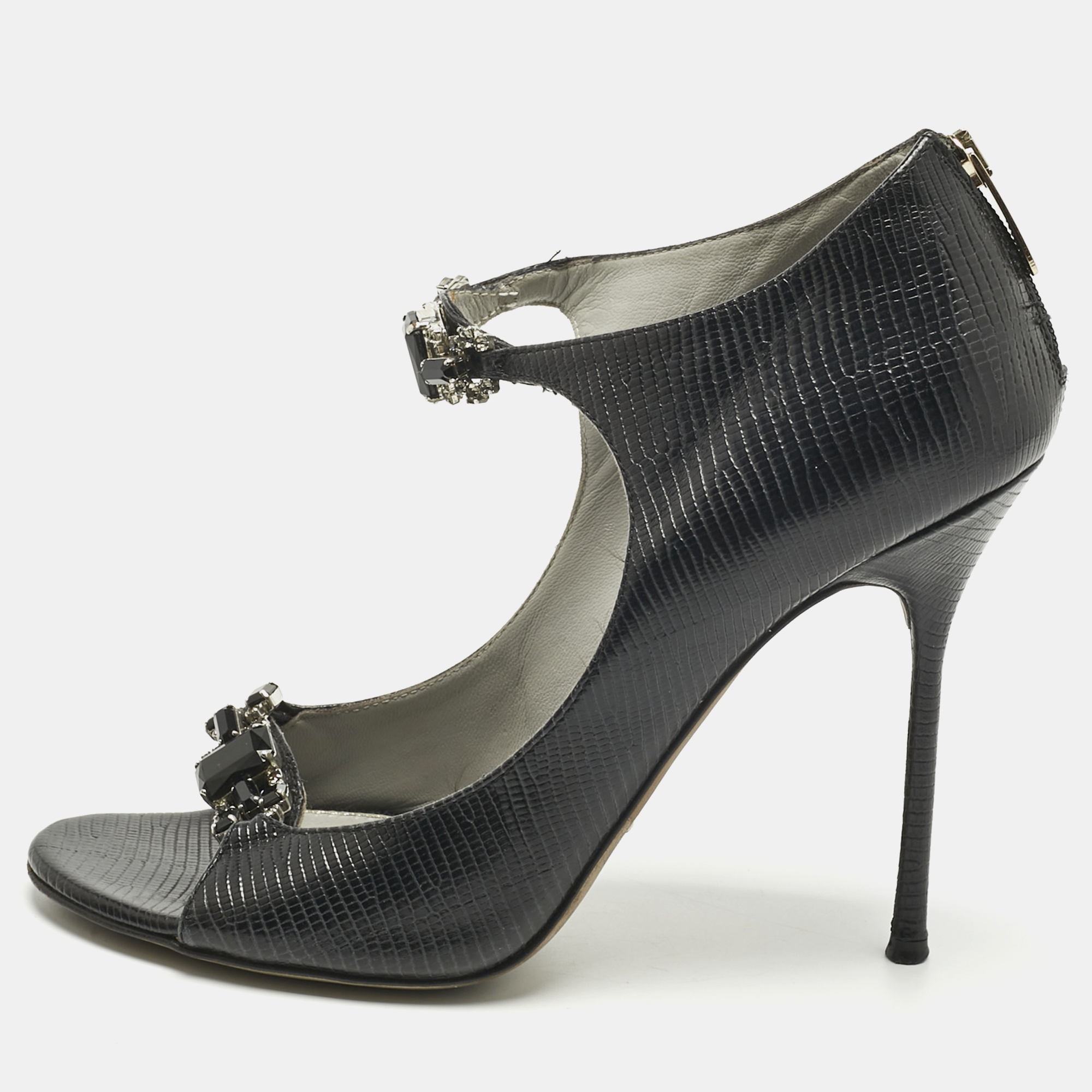 Pre-owned Sergio Rossi Black Lizard Embossed Leather Open Toe Sandals Size 37.5