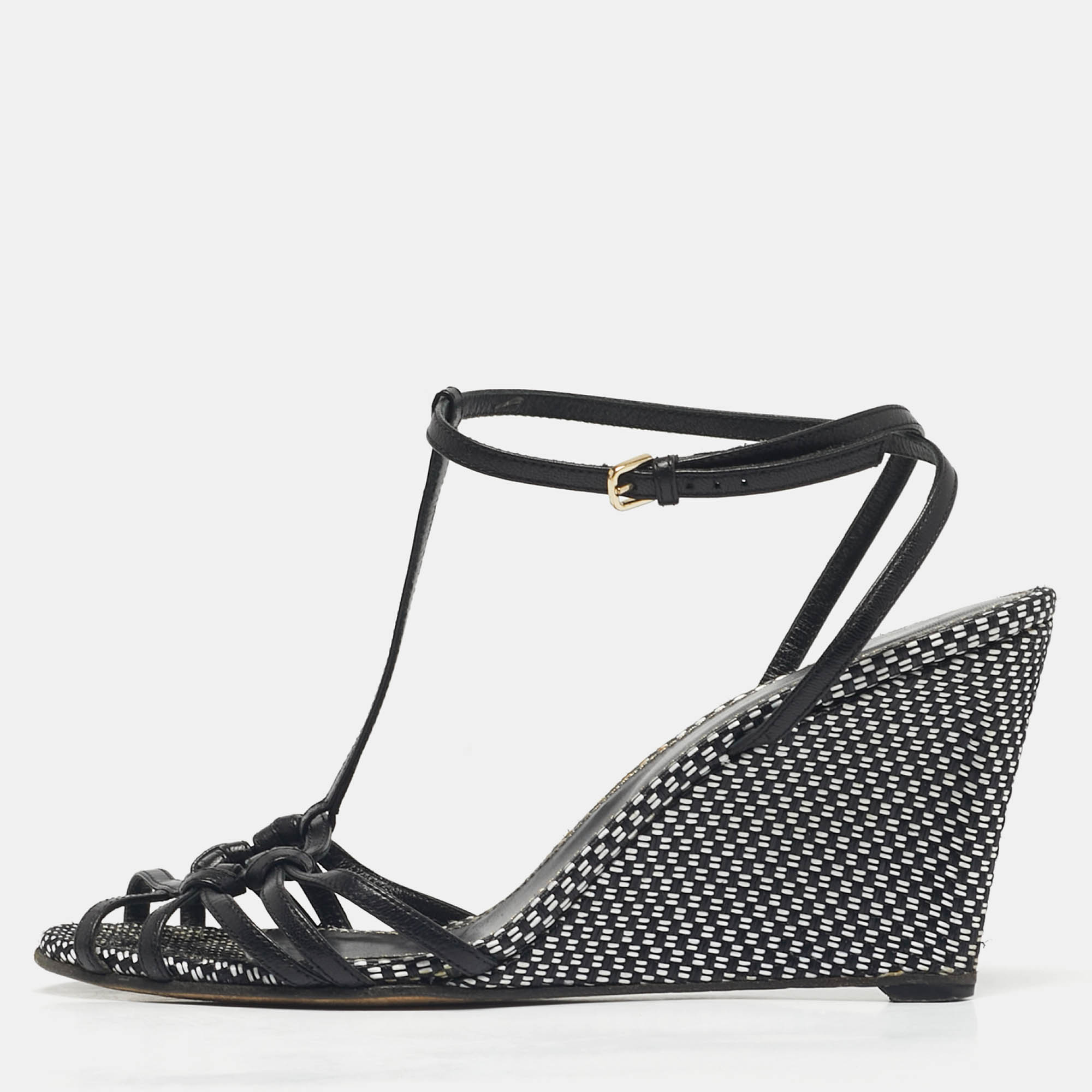 

Sergio Rossi Black/White Raffia Ankle Strap Wedge Sandals Size