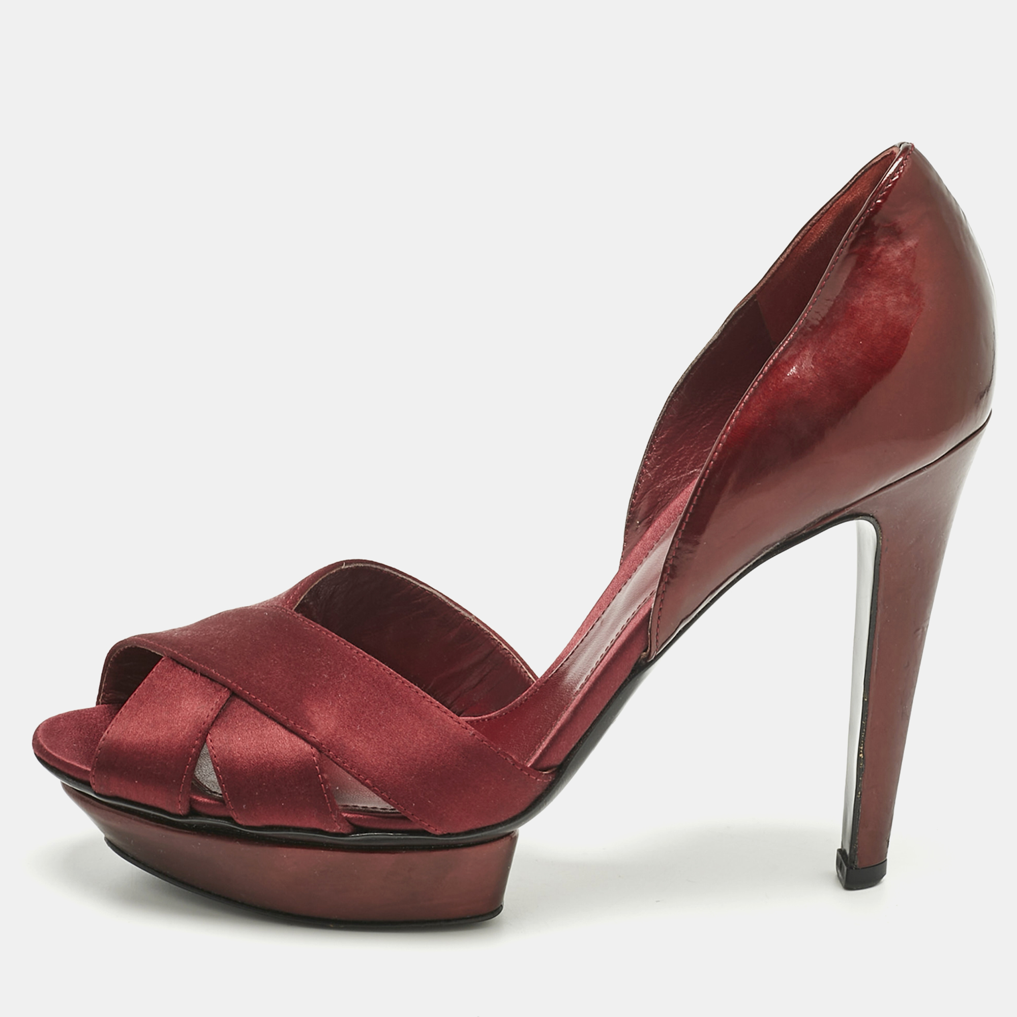 

Sergio Rossi Burgundy Patent Leather and Satin Crisscross Platform Pumps Size