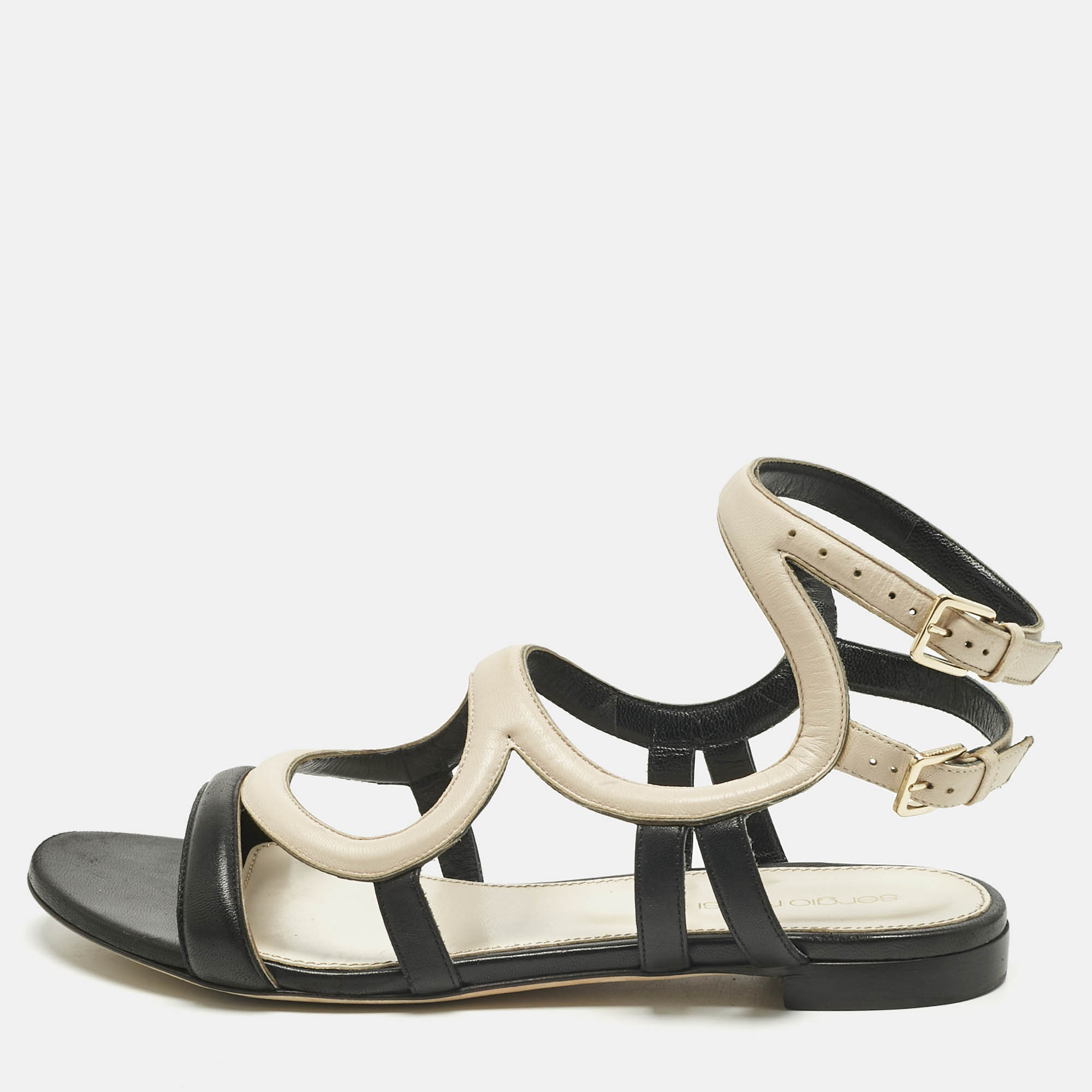 

Sergio Rossi Black/Cream Leather Ankle Strap Flat Sandals Size