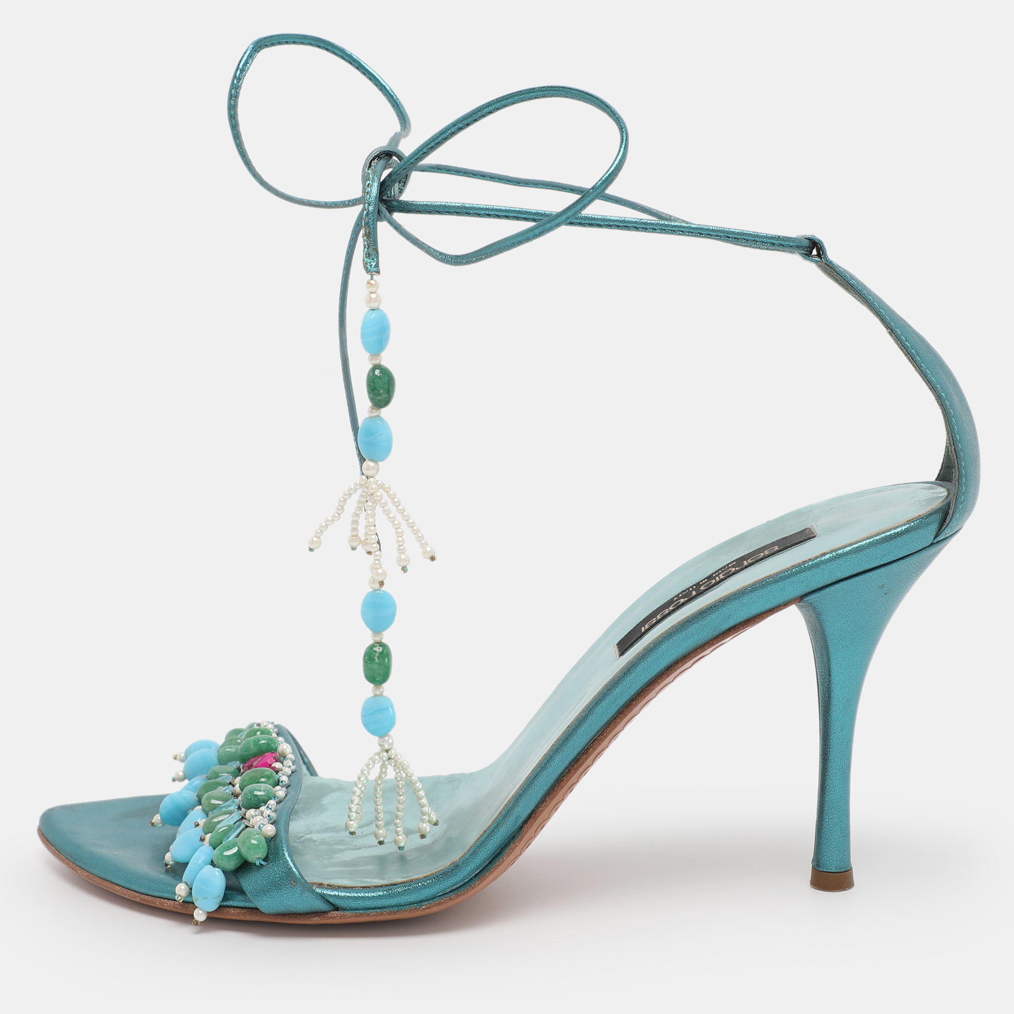 

Sergio Rossi Metallic Green Leather Stone Embellished Ankle Strap Sandals Size 38.5