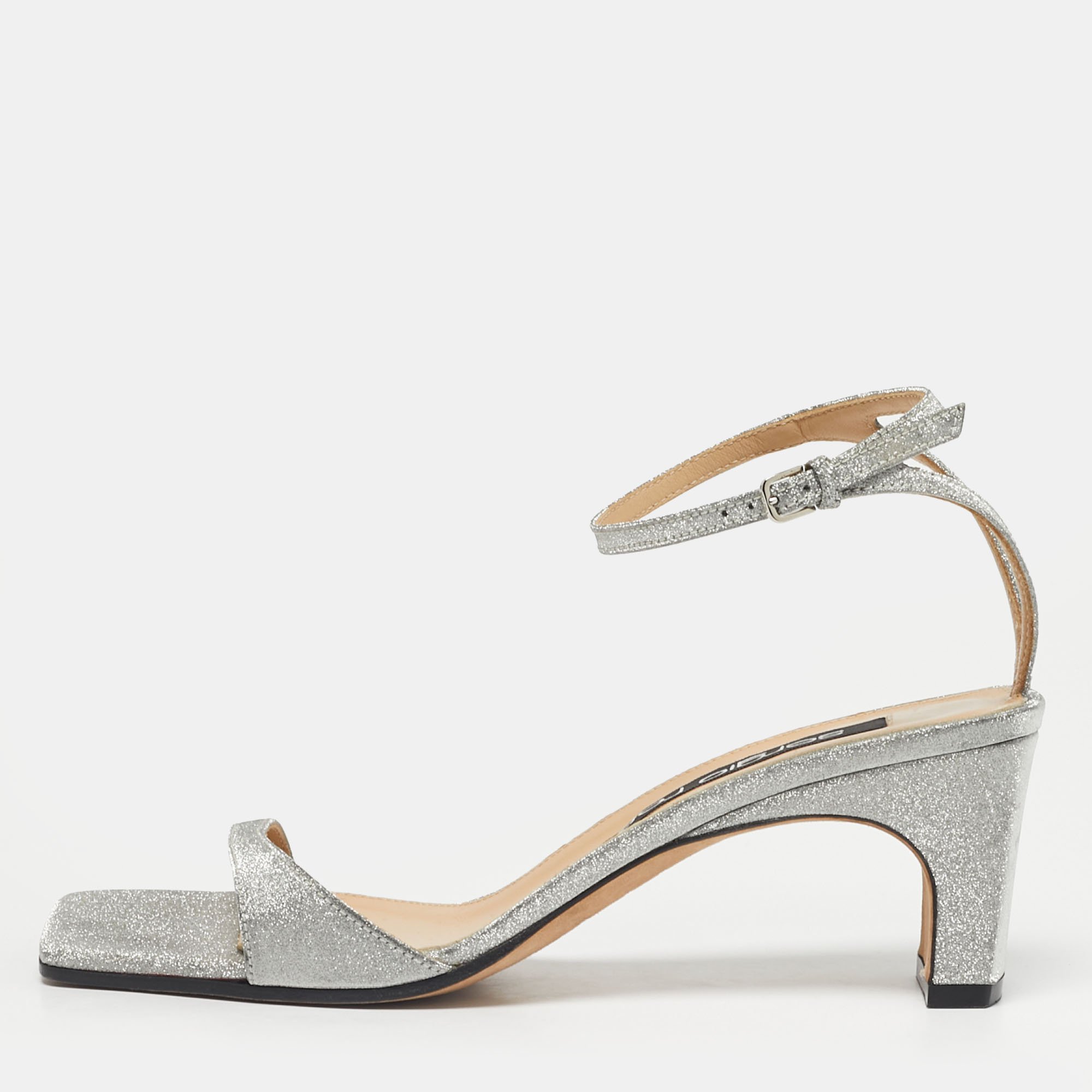 

Sergio Rossi Silver Glitter Ankle Strap Sandals Size