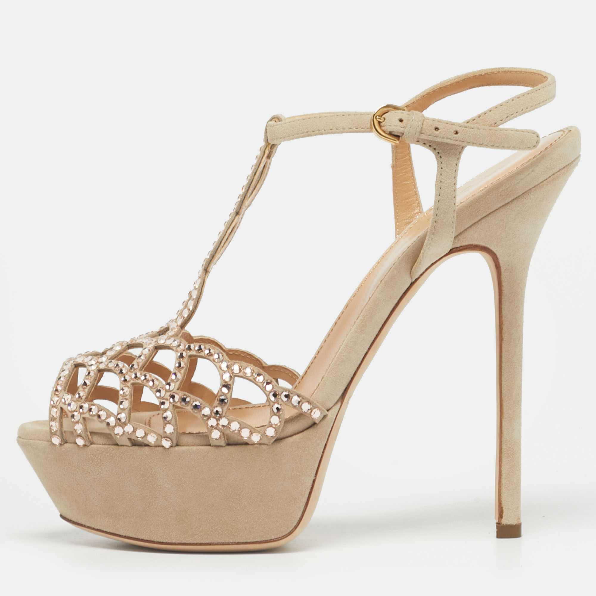 

Sergio Rossi Grey Suede Embellished Strappy Scalloped Platform Sandals Size