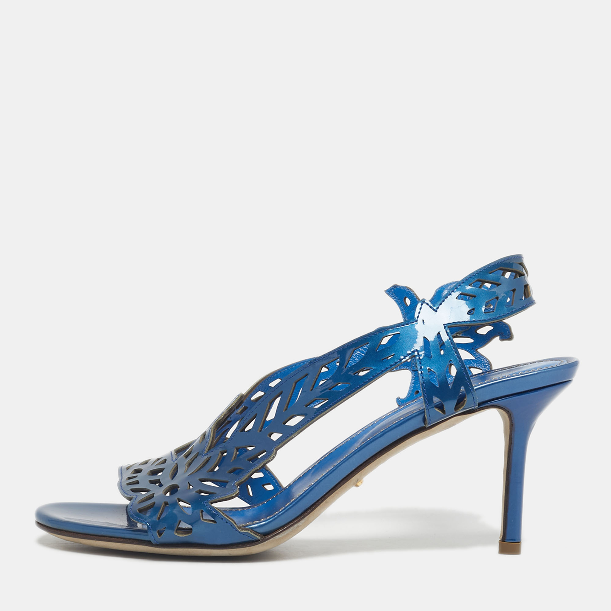 

Sergio Rossi Blue Laser Cut Leather Slingback Sandals Size