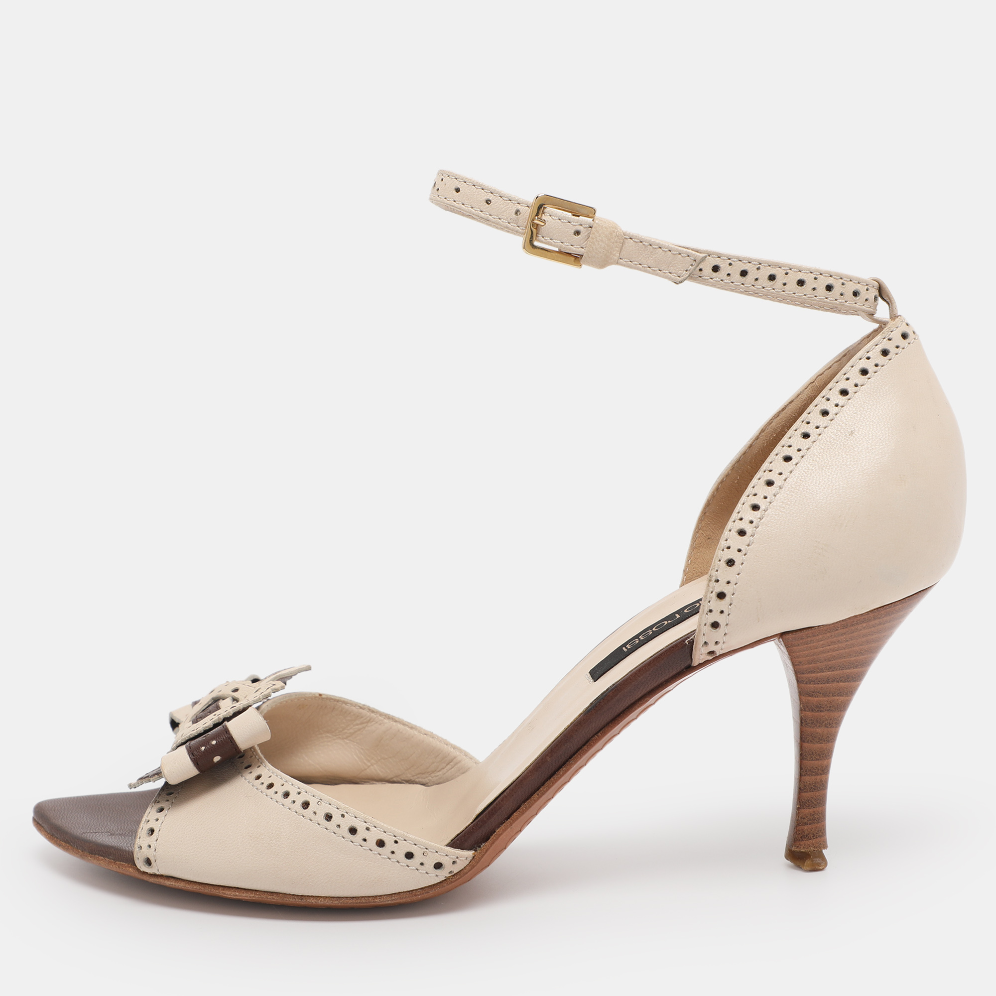 

Sergio Rossi White/Brown Leather Bow Ankle Strap Sandals Size 36.5