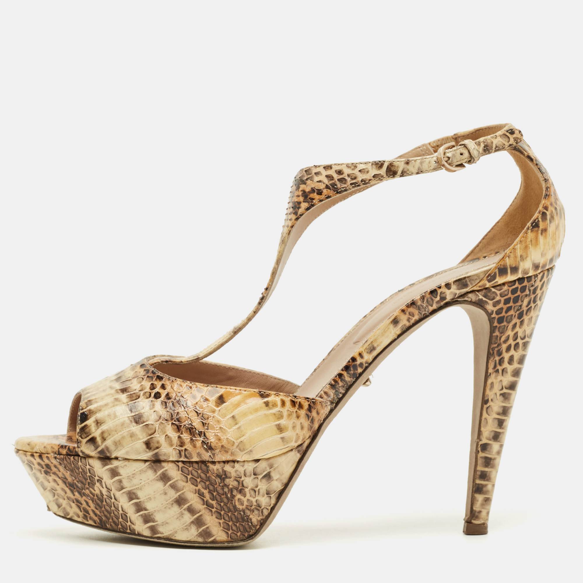 Pre-owned Sergio Rossi Beige/brown Python Leather T-strap Platform Sandals Size 39