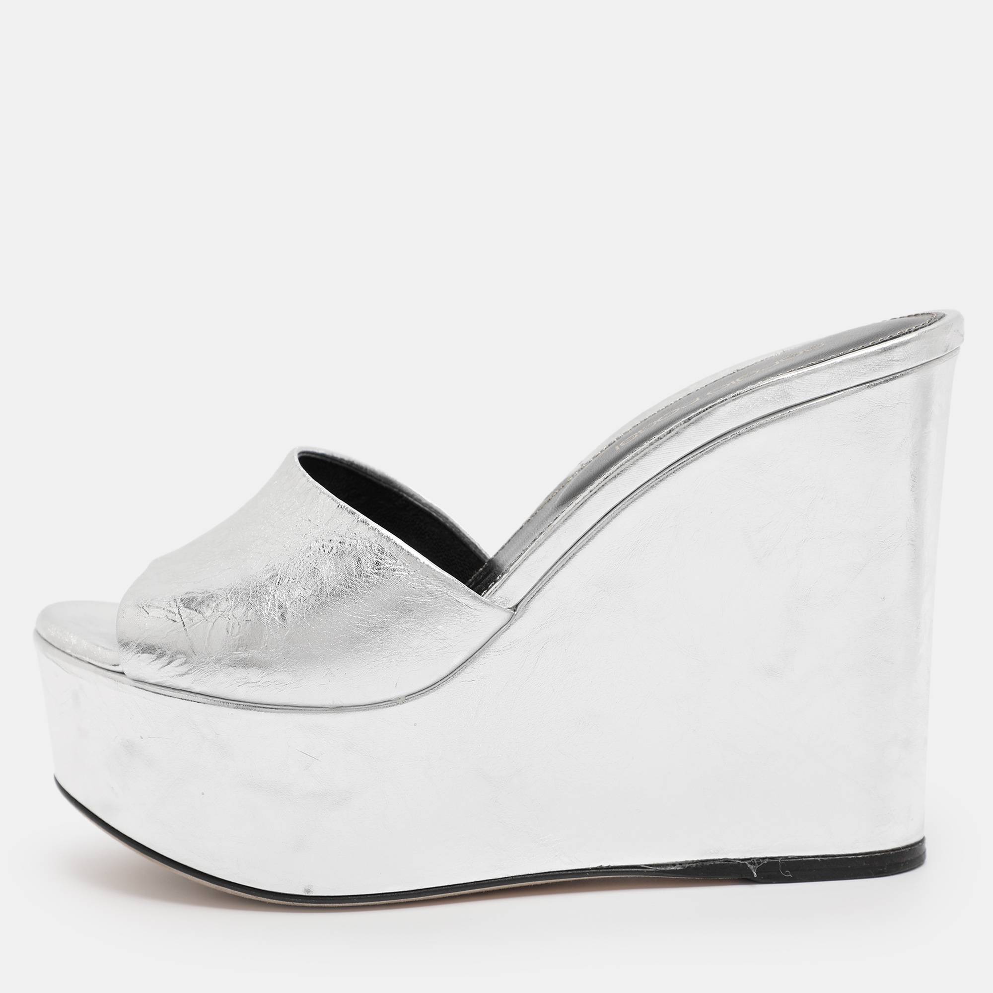 Pre-owned Sergio Rossi Silver Patent Leather Lakeesha Wedge Sandals Size 35