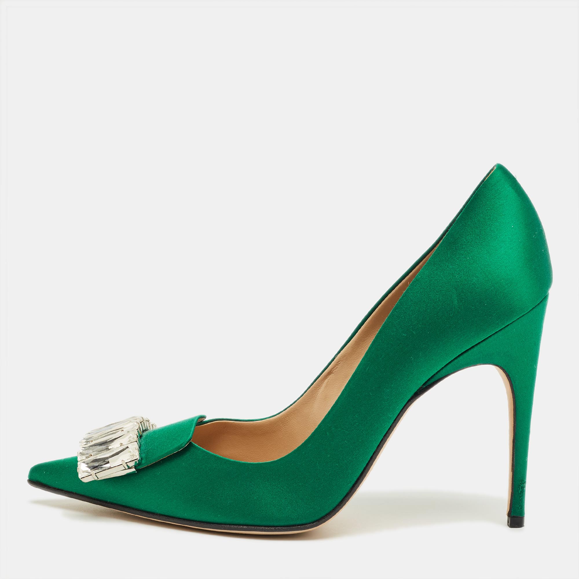 

Sergio Rossi Green Satin Crystal Embellish Pointed Toe Pumps Size
