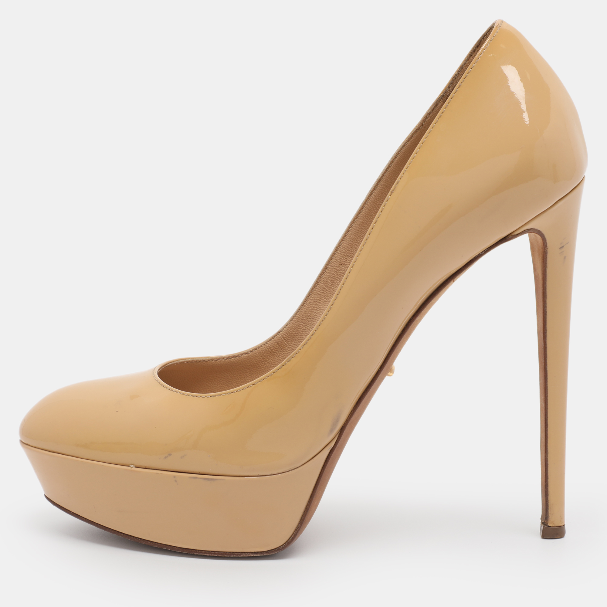 Pre-owned Sergio Rossi Size 39 Beige Patent Leather Platform Pumps In Sand