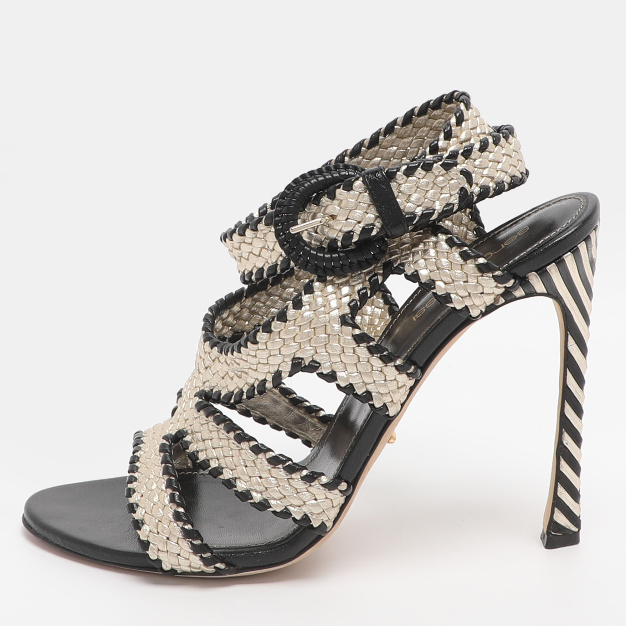 

Sergio Rossi Size Gold/Black Woven Leather Ankle Strap Sandals