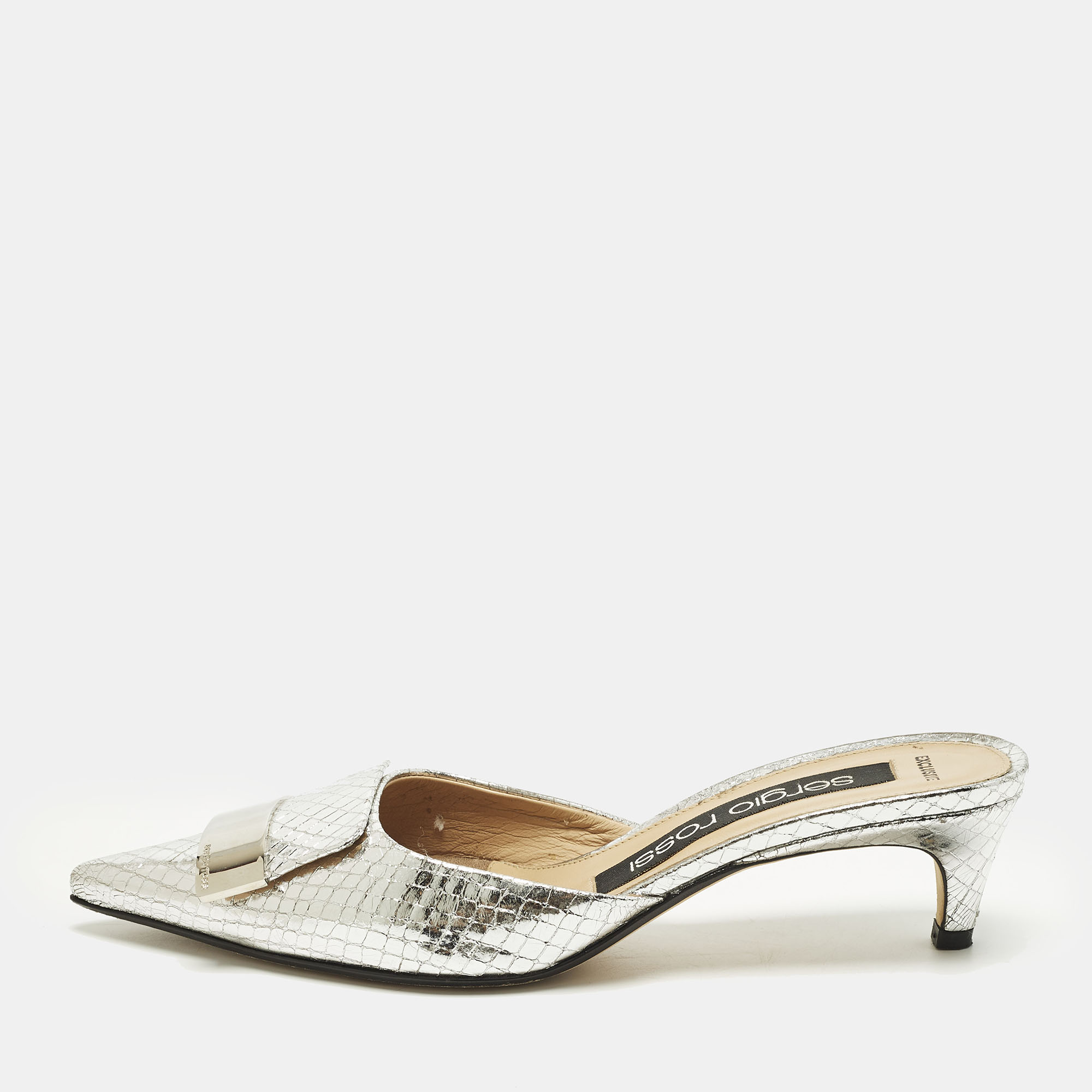 

Sergio Rossi Size  Silver Croc Embossed Leather Mules