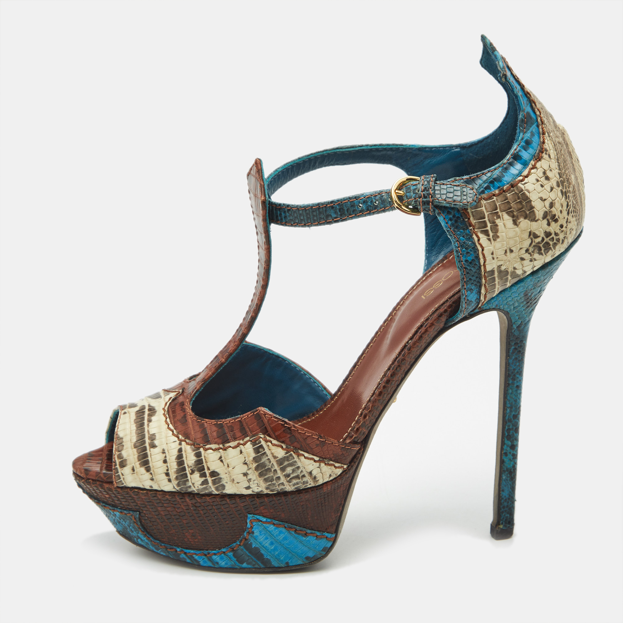 

Sergio Rossi Size  Multicolor Karung Leather and Lizard Leather Ankle Strap Sandals