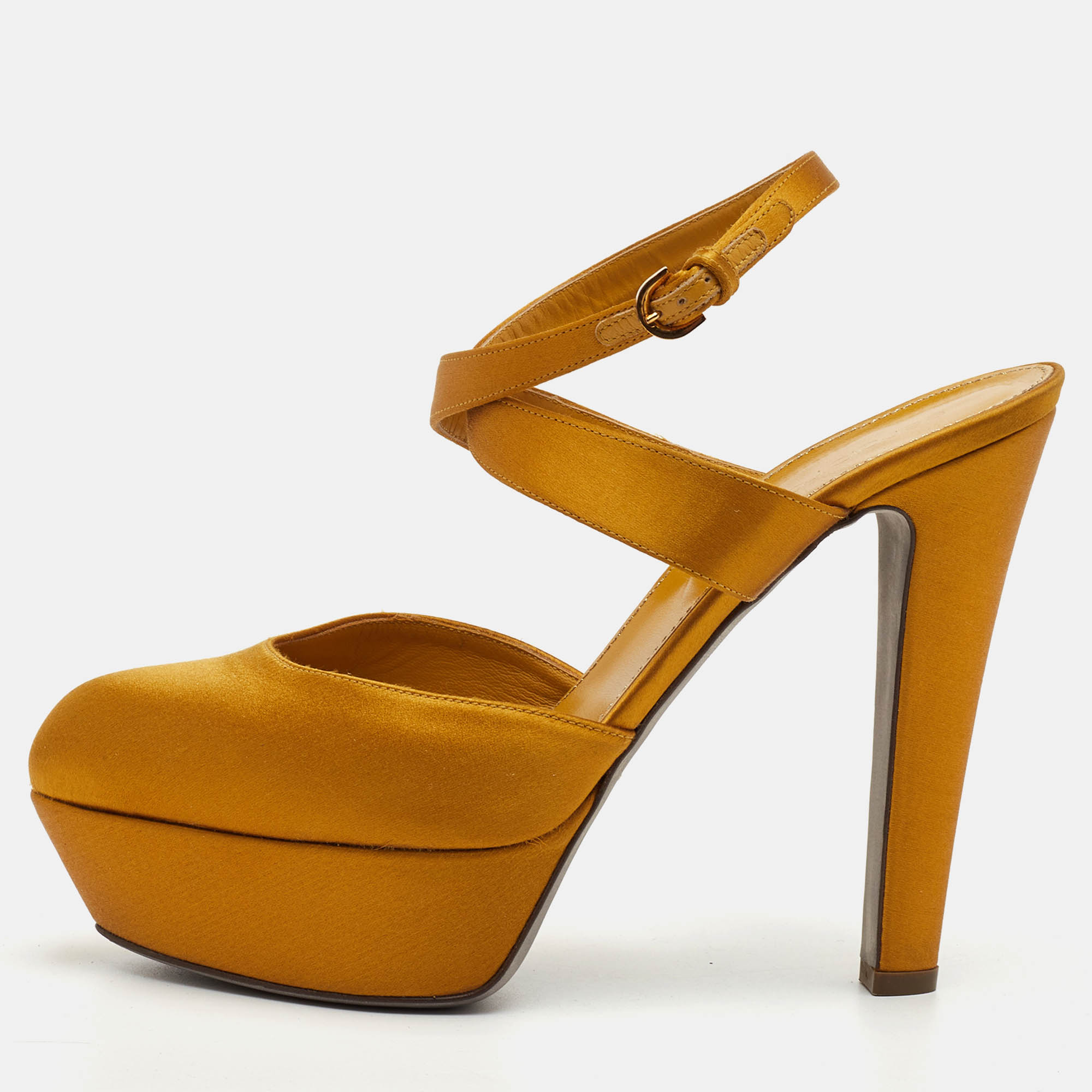 

Sergio Rossi Size  Mustard Yellow Satin Ankle Strap Platform Sandals
