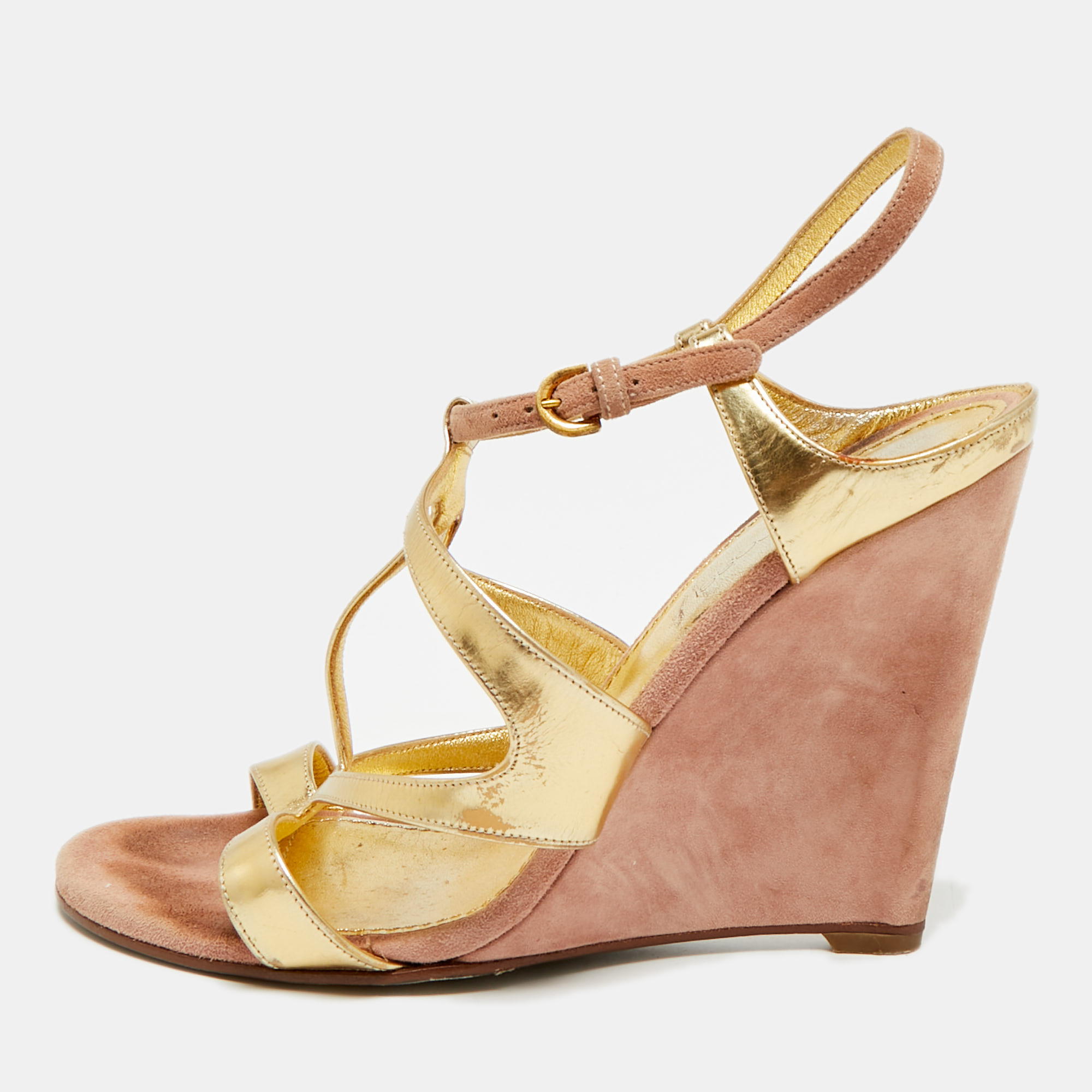 

Sergio Rossi Size  Gold/Beige Leather and Suede Wedge Sandals
