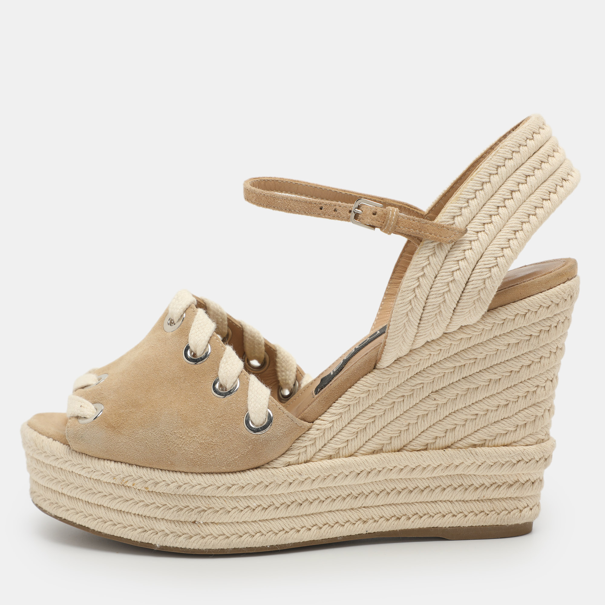 

Sergio Rossi Size 38.5 Beige and Rope Suede Wedge Sandals