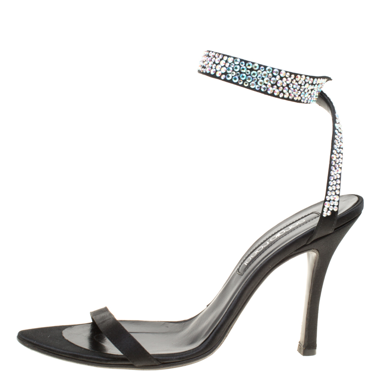 

Sergio Rossi Black Satin Crystal Embellished Ankle Wrap Open Toe Sandals Size