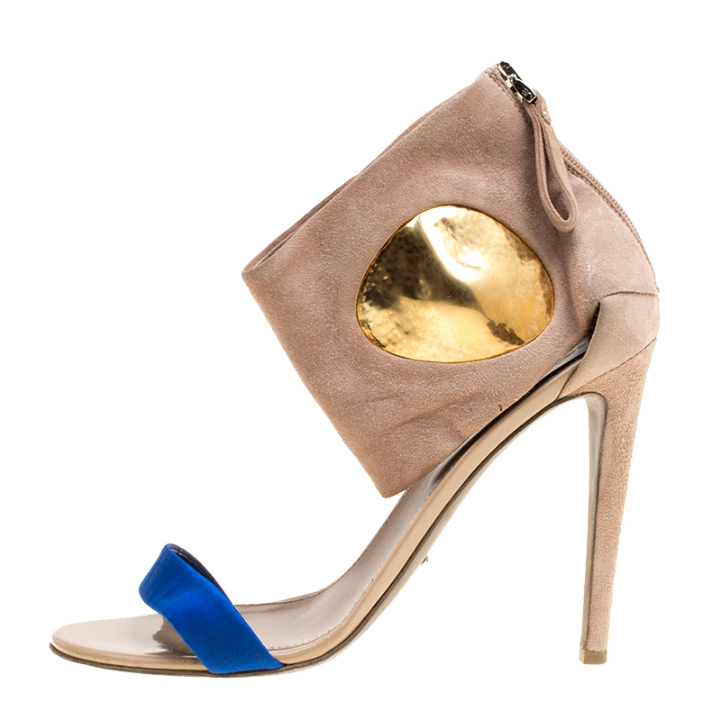 

Sergio Rossi Beige Suede And Blue Satin Ankle Cuff Open Toe Sandals Size