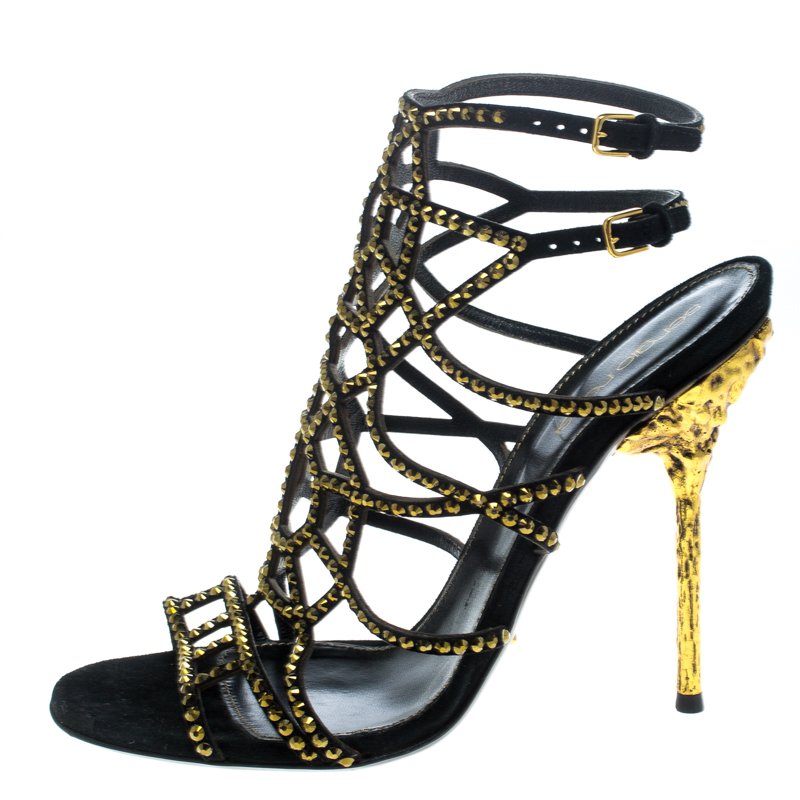 

Sergio Rossi Black Laser Cut Suede Crystal Embellished Puzzle Peep Toe Sandals Size