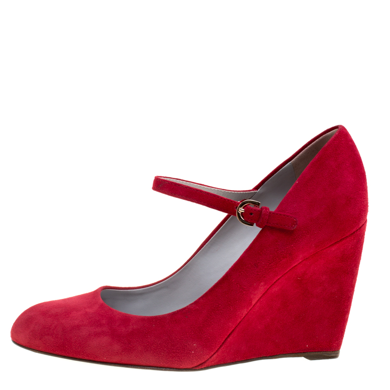 

Sergio Rossi Red Suede Mary Jane Wedge Pumps Size