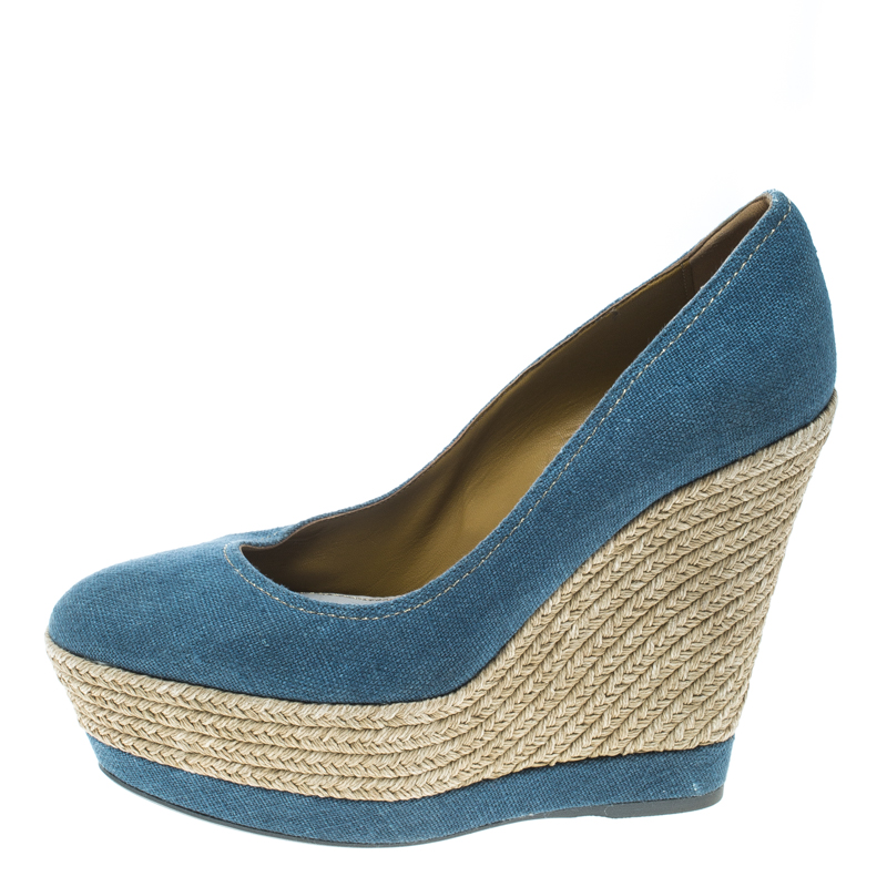 

Sergio Rossi Blue Canvas Platform Espadrille Wedge Sandals Size