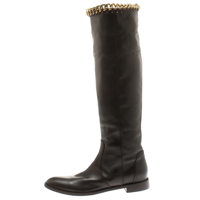 

Sergio Rossi Brown Leather Chain Trim Knee Length Boots Size