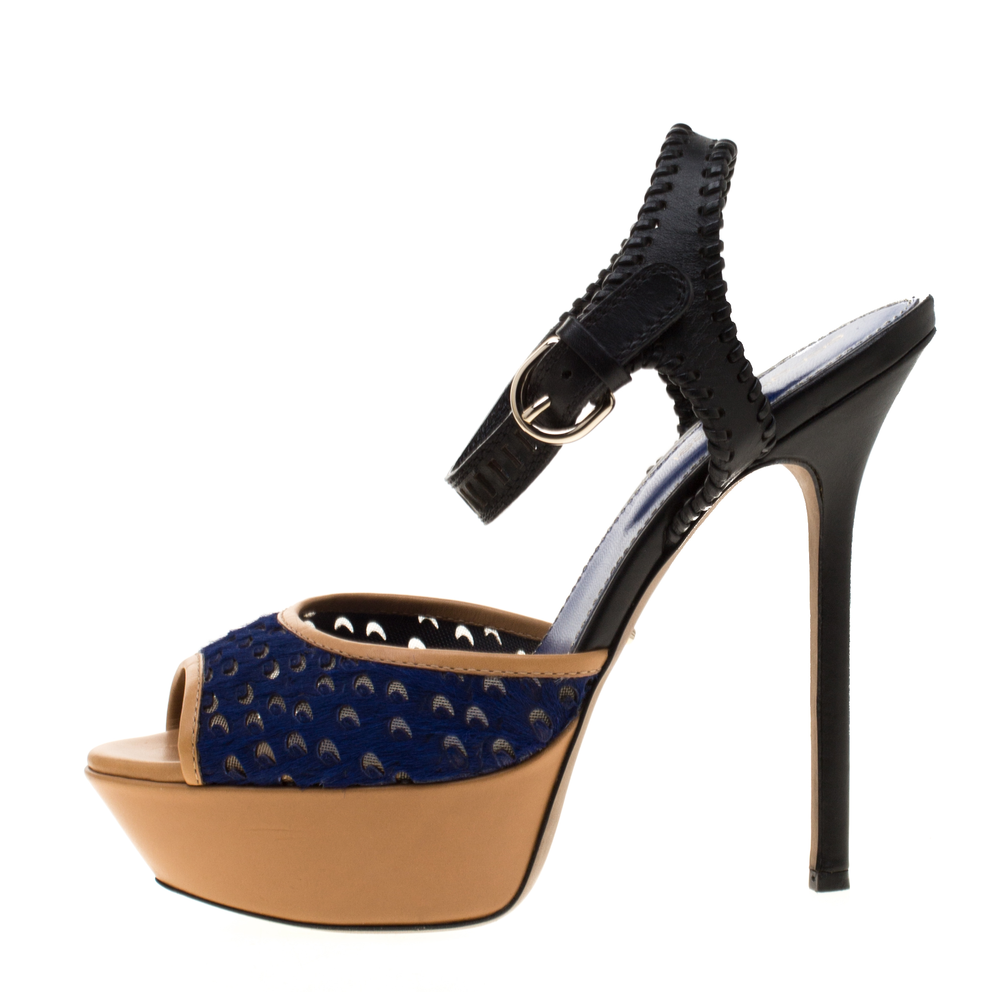 

Sergio Rossi Tricolor Cut Out Leather And Calf Hair Peep Toe Platform Ankle Strap Sandals Size, Multicolor