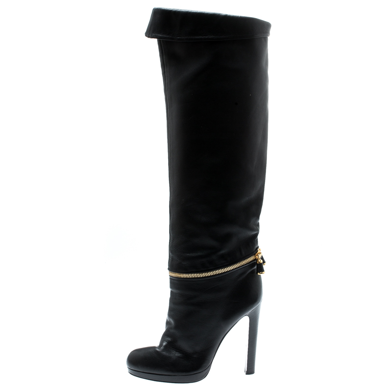 

Sergio Rossi Black Leather Faux Zipper Detail Knee Length Boots Size