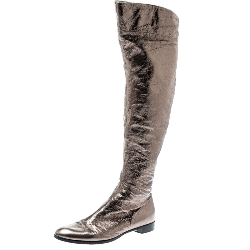 

Sergio Rossi Metallic Grey Leather Knee Length Boots Size