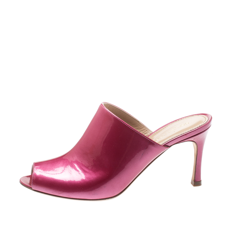 

Sergio Rossi Candy Pink Patent Leather Norma Peep Toe Mules Size