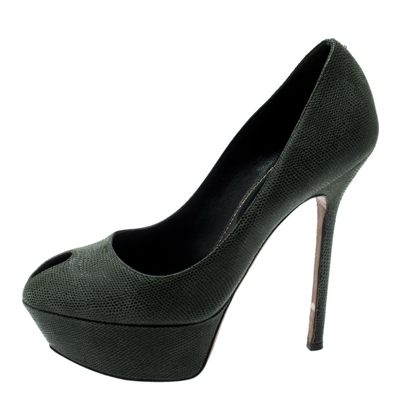 

Sergio Rossi Green Textured Suede Leather Cut Out Platform Pumps Size
