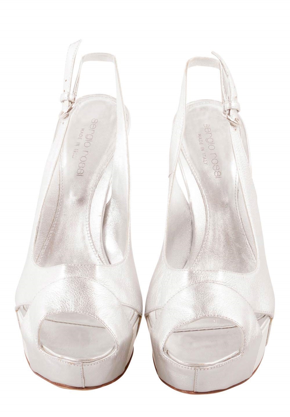 

Sergio Rossi Silver Leather Peep Toe Slingback Platform Sandals Size