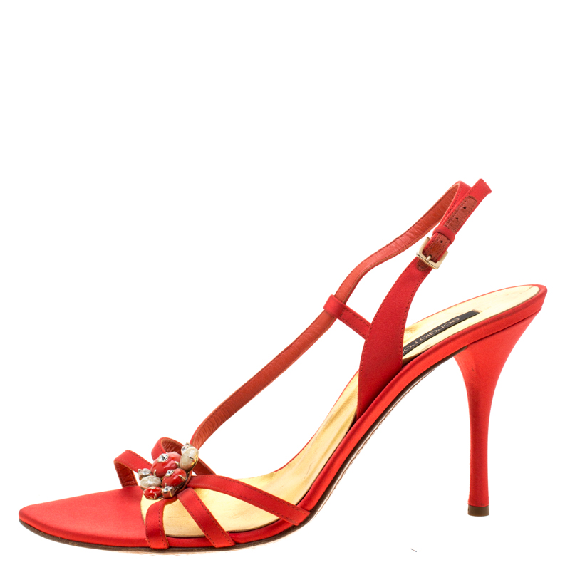 

Sergio Rossi Red Satin Embellished Ankle Strap Sandals Size