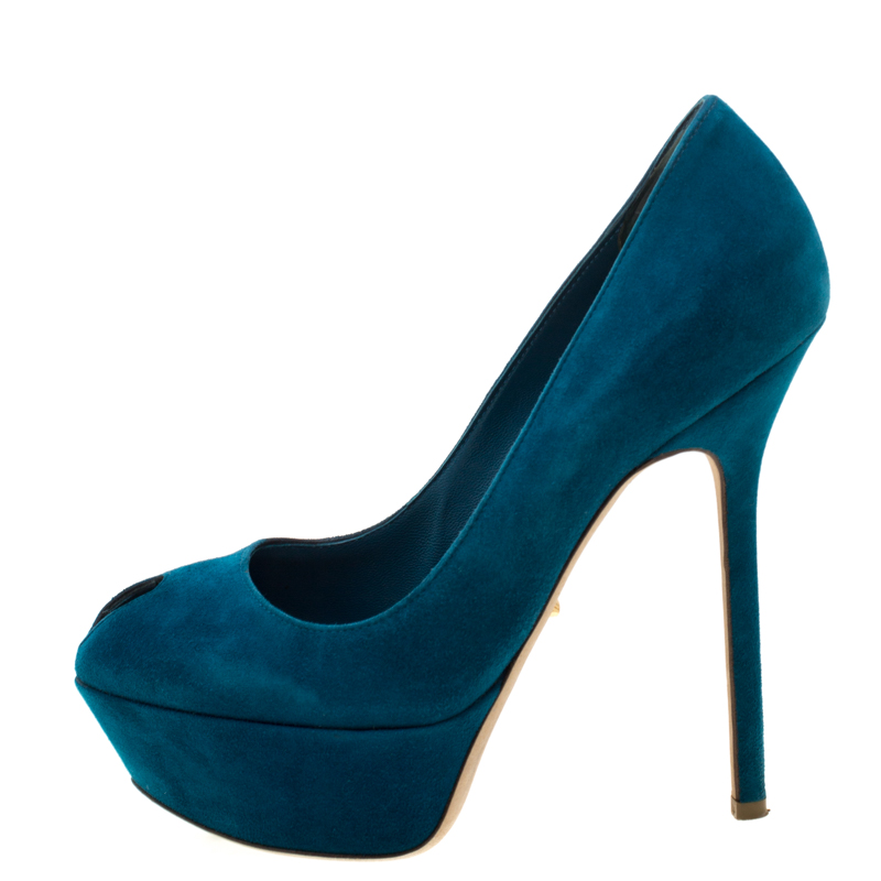 

Sergio Rossi Blue Suede Peep Toe Platform Pumps Size