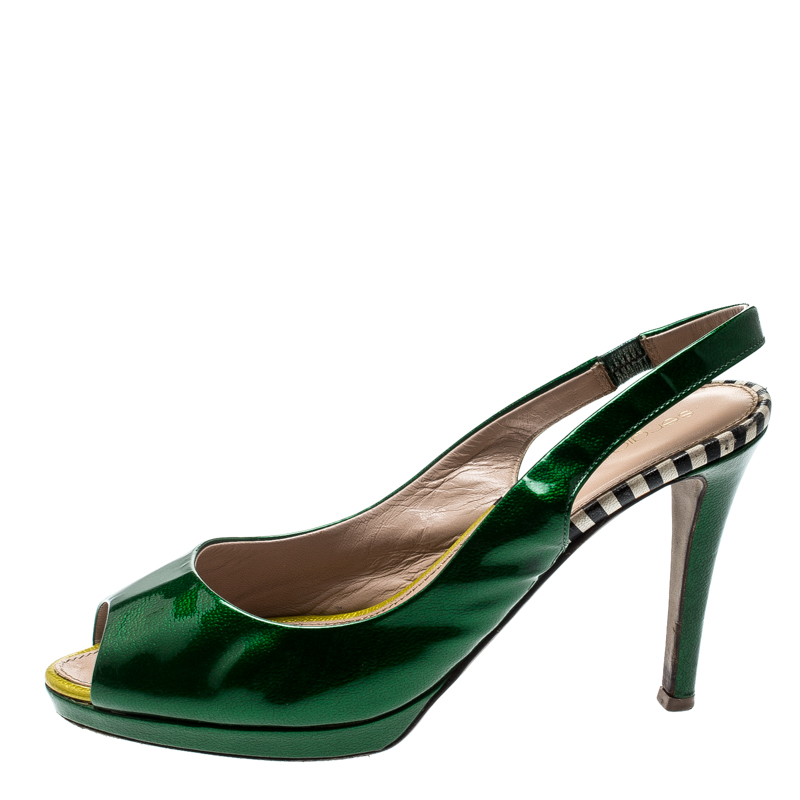 Pre-owned Sergio Rossi Green Patent Leather Peep Toe Slingback Sandals Size 37