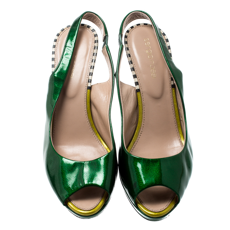 Pre-owned Sergio Rossi Green Patent Leather Peep Toe Slingback Sandals Size 37