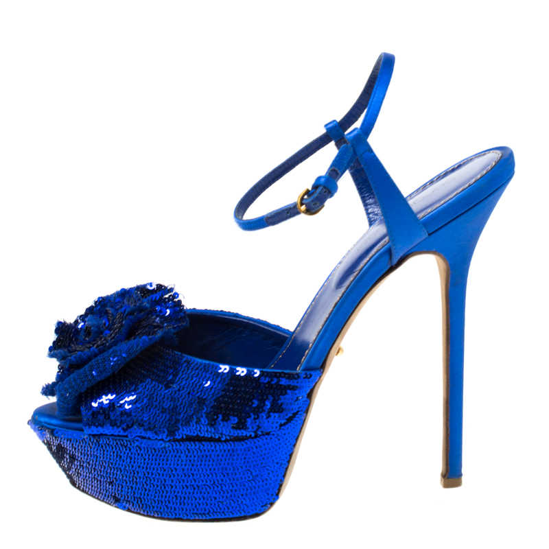 

Sergio Rossi Blue Sequin Embellished Ankle Strap Platform Sandals Size