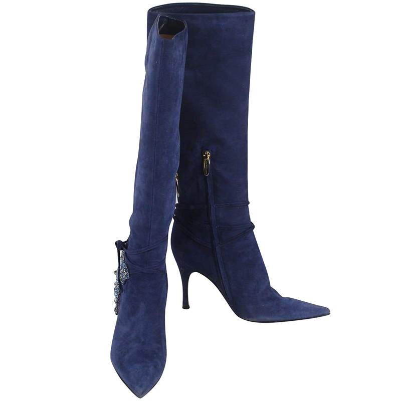 

Sergio Rossi Blue Suede Shoes Crystal Flower Heeled Boots Size