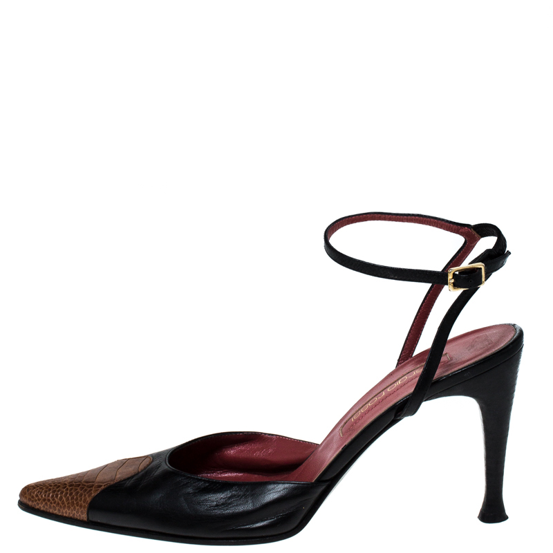 Pre-owned Sergio Rossi Black Leather And Brown Ostrich Trim Pointed Toe Ankle Strap Sandals Size 38.5