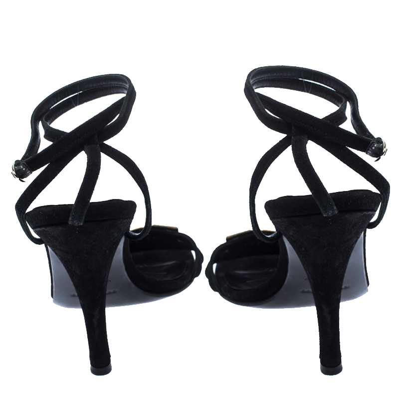 Pre-owned Sergio Rossi Black Suede Mother Of Pearl Ankle Wrap Sandals Size 39.5