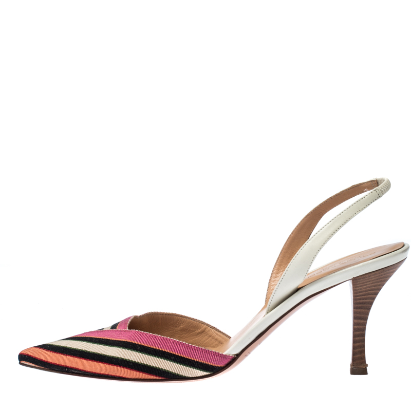 

Sergio Rossi Multicolor Striped Canvas Slingback Pointed Toe Sandals