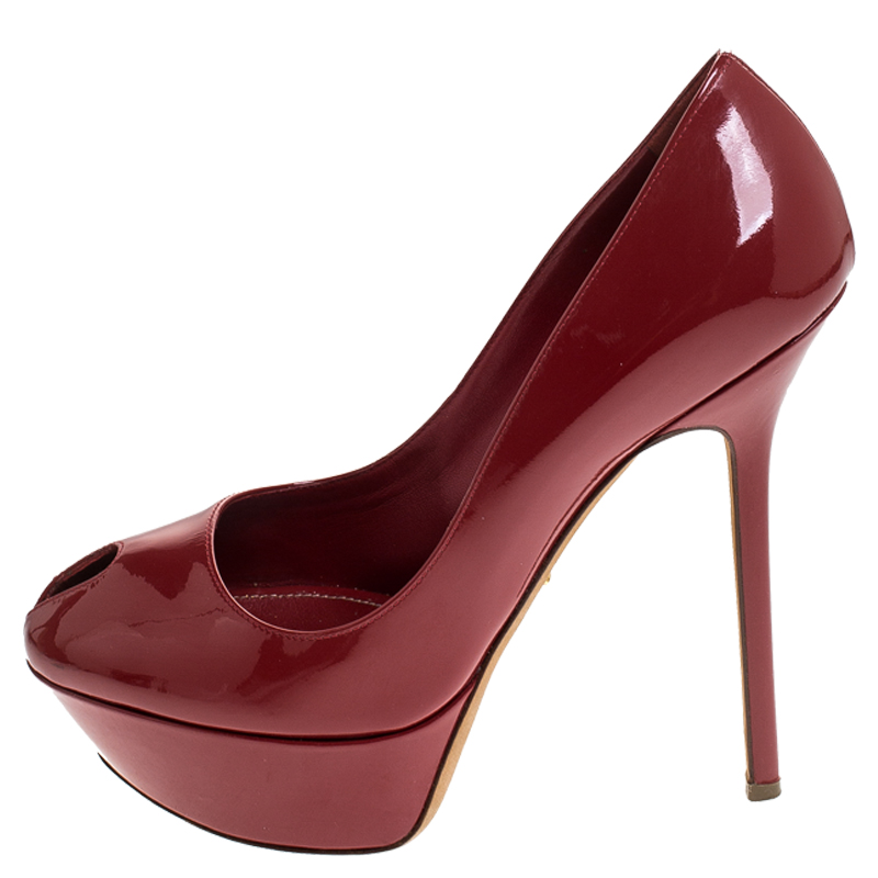 

Sergio Rossi Red Patent Leather Cachet Peep Toe Platform Pumps Size