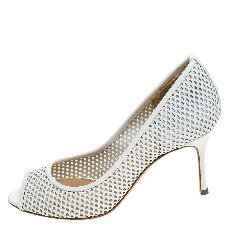 

Sergio Rossi White Lasercut Leather Peep Toe Pumps Size